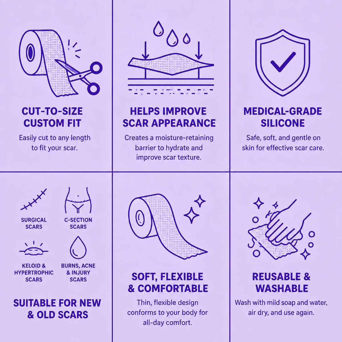 Silicone scar sheet benefits: for surgical, C-section, keloid and burn scars, reusable and cut to size