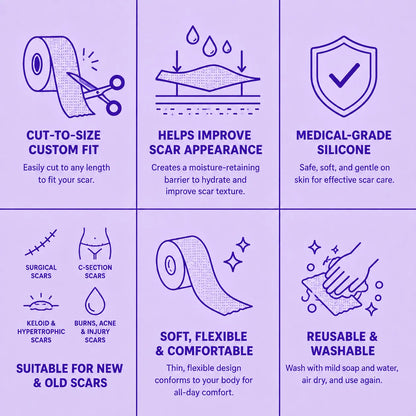 Silicone scar sheet benefits: for surgical, C-section, keloid and burn scars, reusable and cut to size