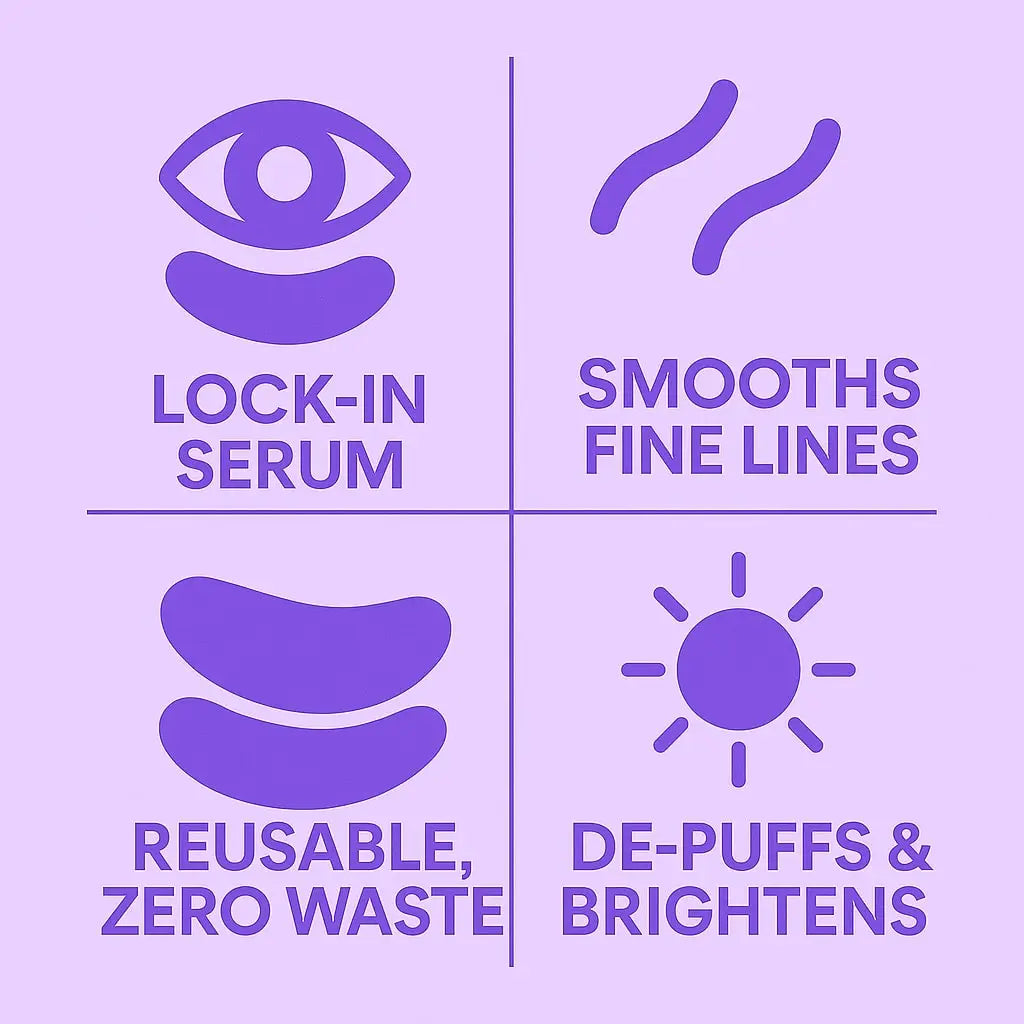 Under-eye patch benefits: holds serum in place, contoured no-slip fit, washable and reusable
