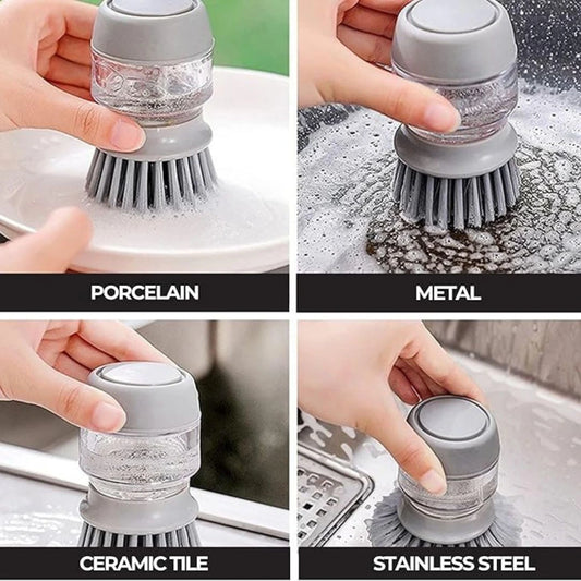 Pressing the soap-dispensing dish brush to release soap while washing surfaces