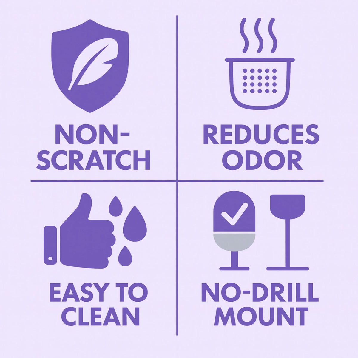 Toilet brush benefits: no-drill wall mount, flexible bristles reach under the rim, quick-drying holder