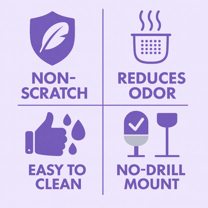 Toilet brush benefits: no-drill wall mount, flexible bristles reach under the rim, quick-drying holder